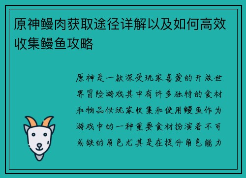 原神鳗肉获取途径详解以及如何高效收集鳗鱼攻略