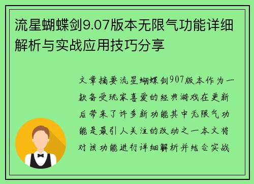 流星蝴蝶剑9.07版本无限气功能详细解析与实战应用技巧分享